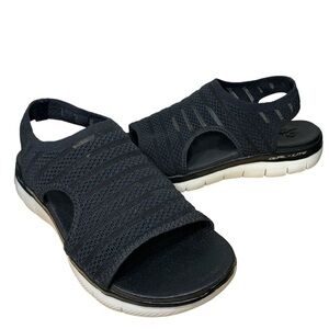 Skechers Flex Boldest Black Knit Sandals Sz 10 Stretch Slingback Comfort Foam